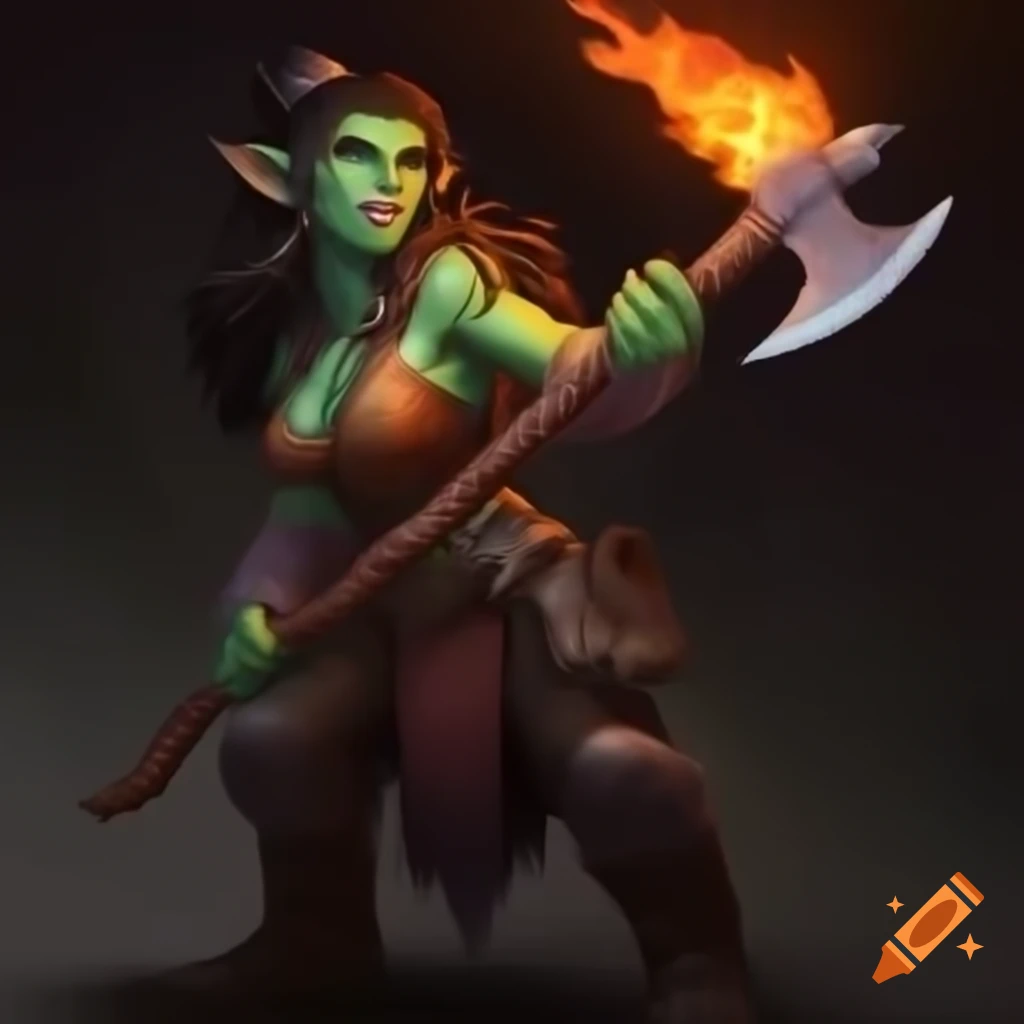 Female half-orc wielding a flaming great axe