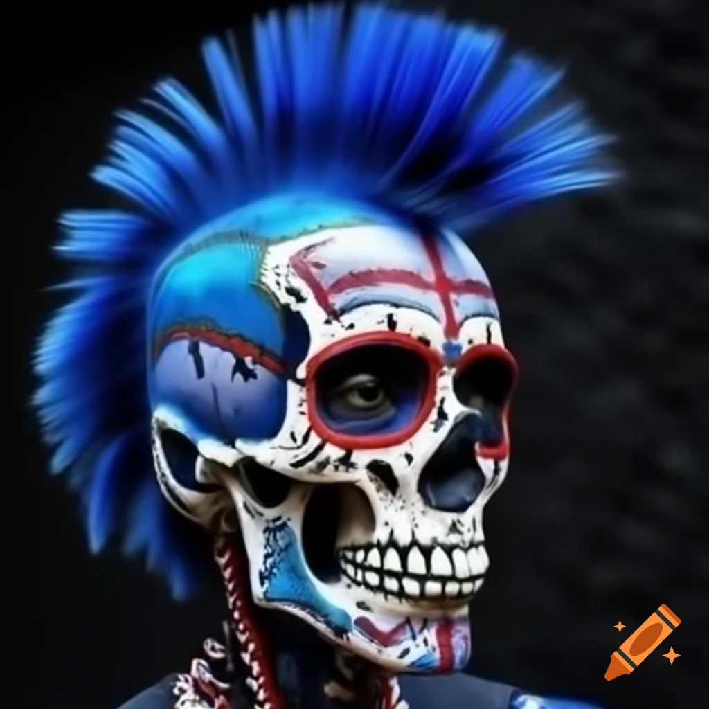 Punk rock Día de Muertos sugar skull with blue mohawk