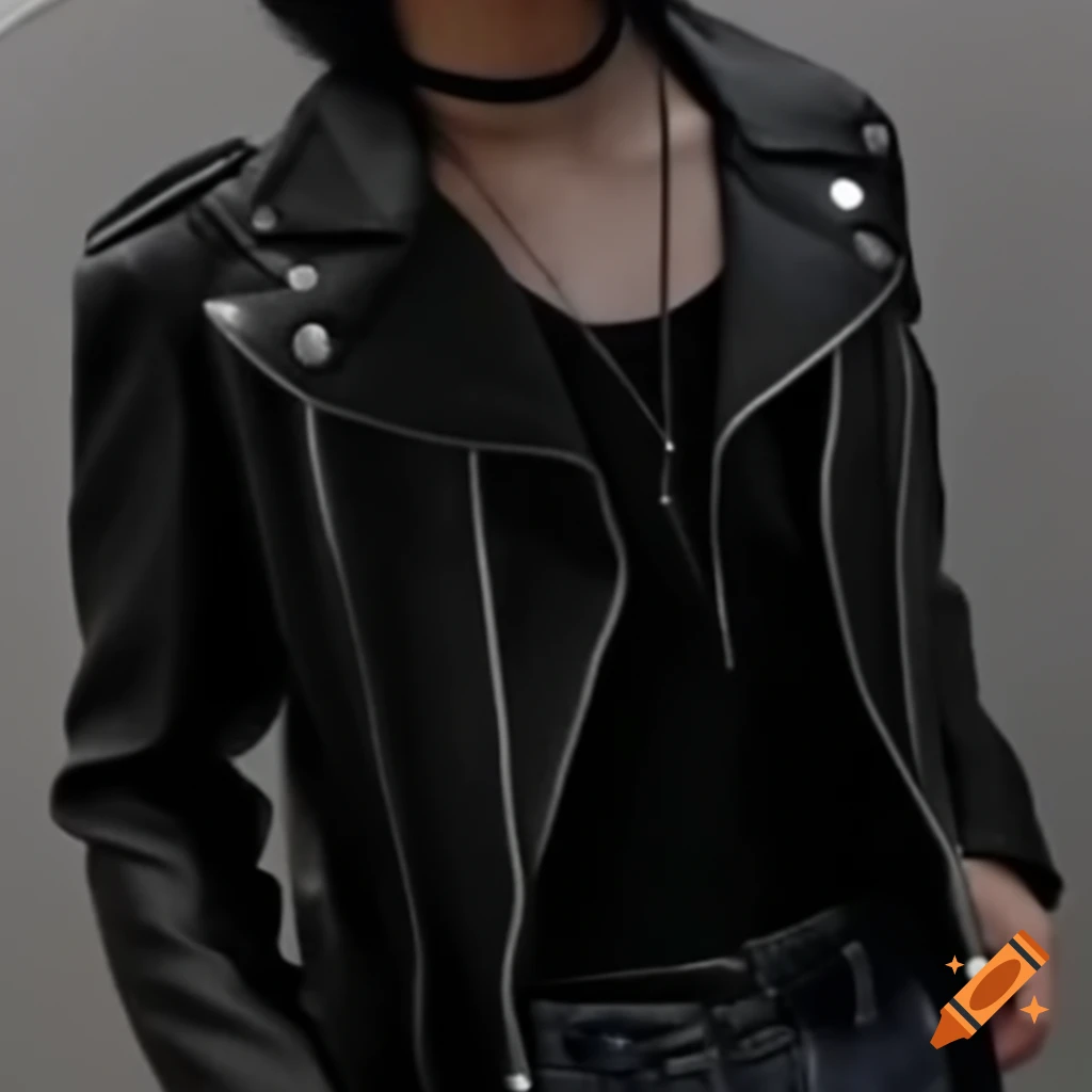 Male model wearing leather jacket and skinny jeans with emo hairstyle and lip piercing
