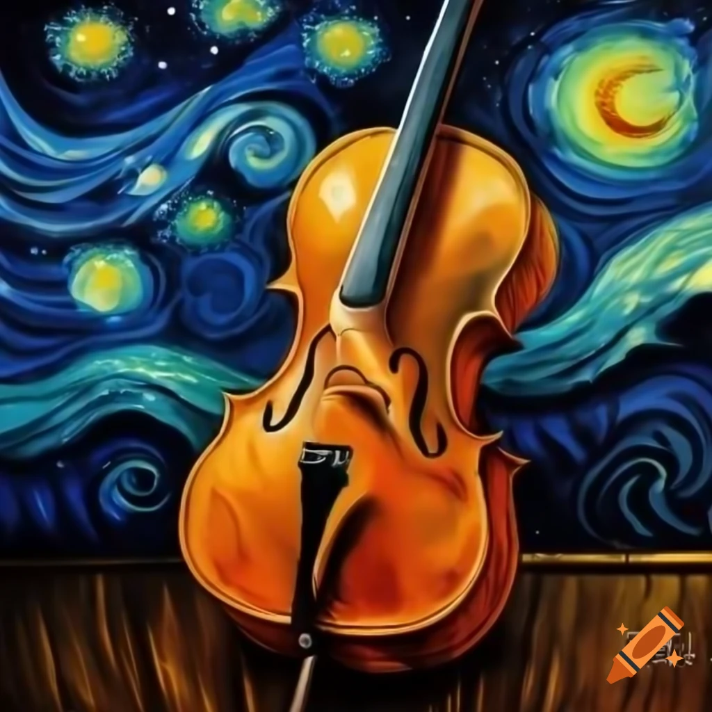 Cello with 'Starry Night' painting in vibrant swirls