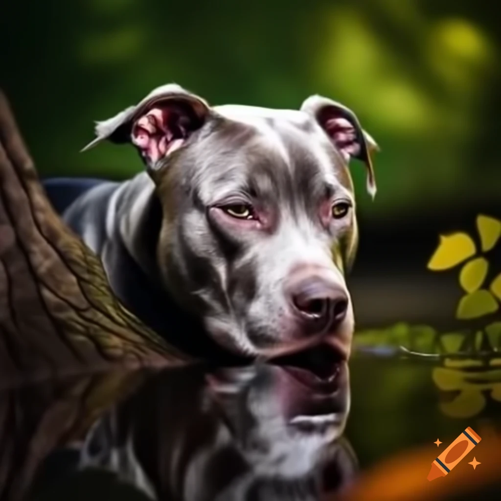 Grey and white Pitbull gazing from behind oak tree with dappled sunlight
