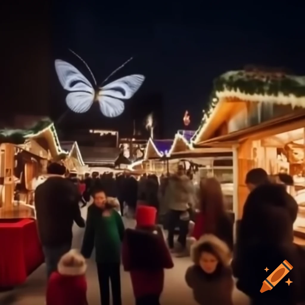 Christmas market scene with Santa and donkey distributing treats to children, illuminated trees