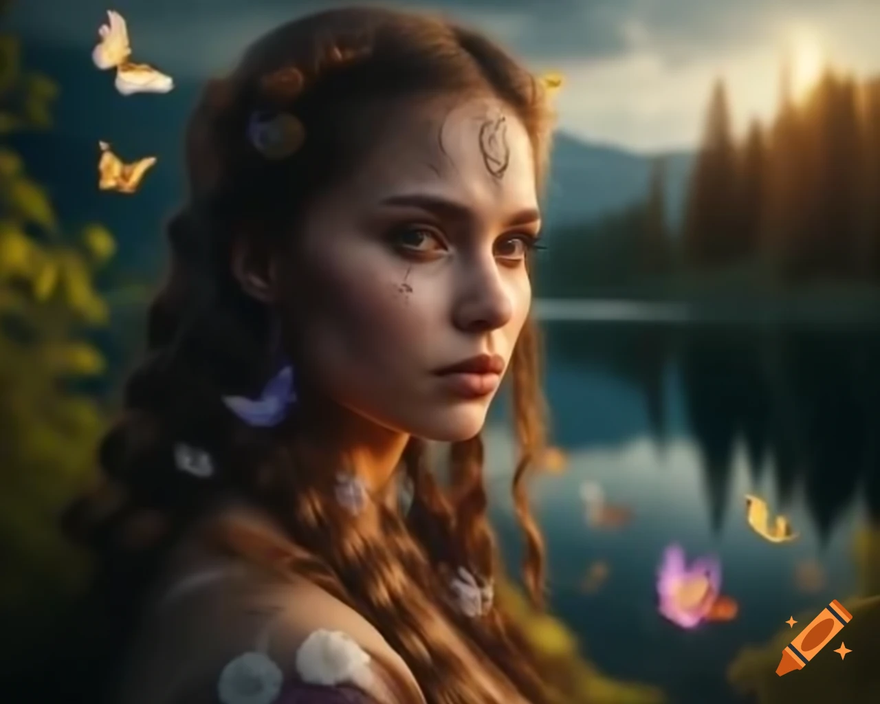 Hyperrealistic portrait of Slavic woman with flowers and butterflies in her hair