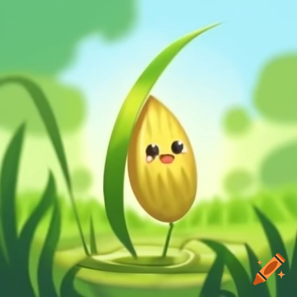 Happy rice seed with big eyes in green rice field under bright sun