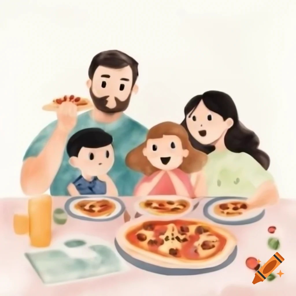 Cartoon family enjoying pizza on white background, watercolor style