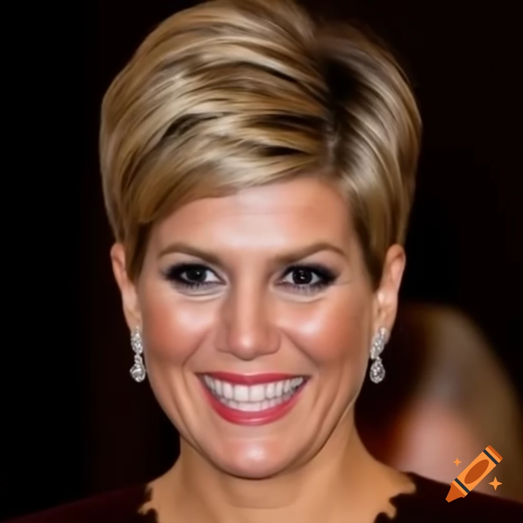 Queen Maxima showcasing a bold short pixie cut with clippered back and sides