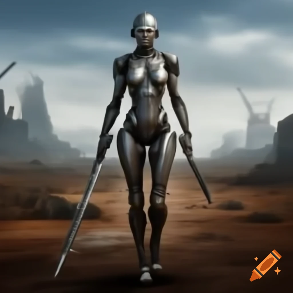 Cyborg warrior standing in wasteland