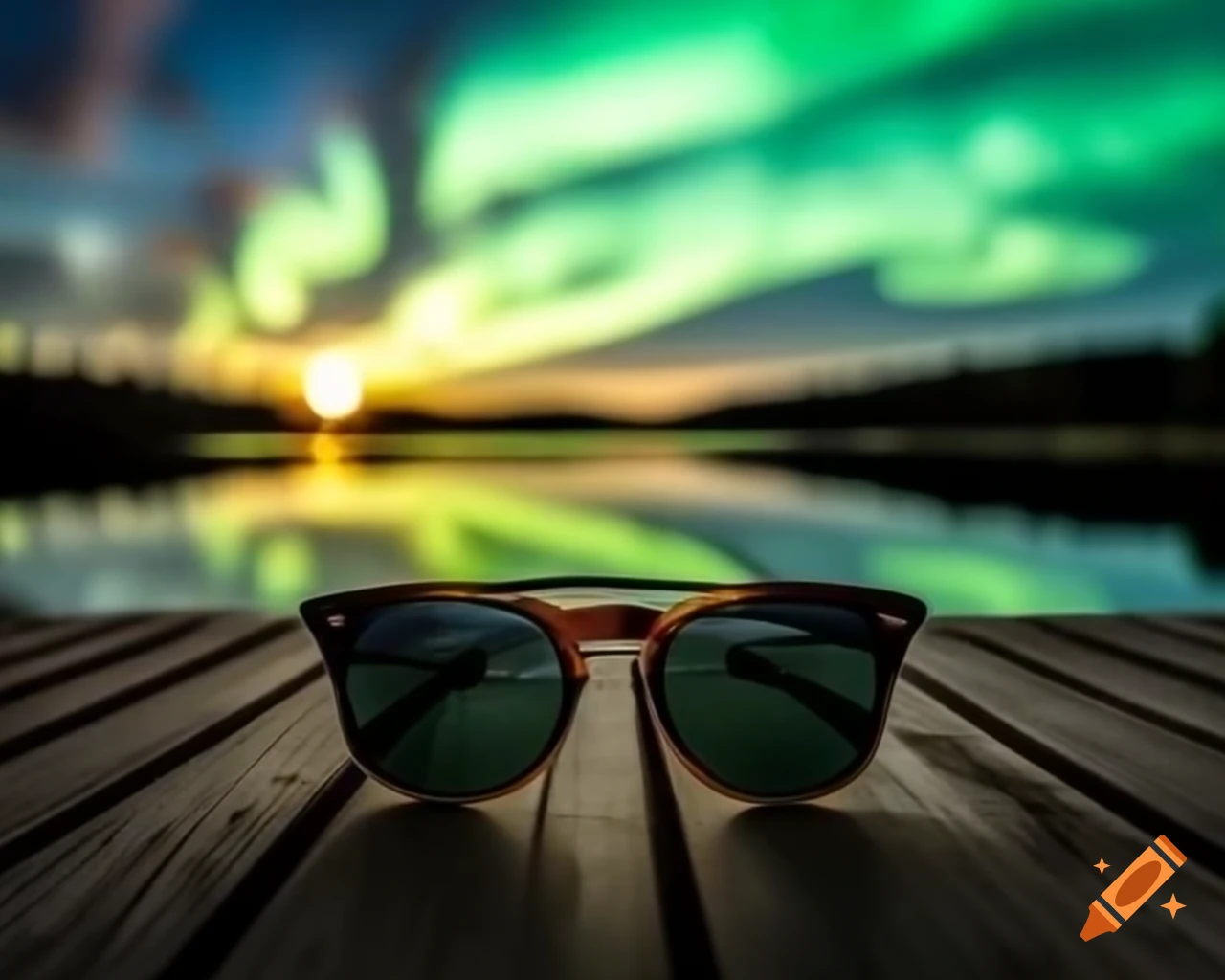 Close up of sunglasses on wooden bridge with calm lake and northern lights background