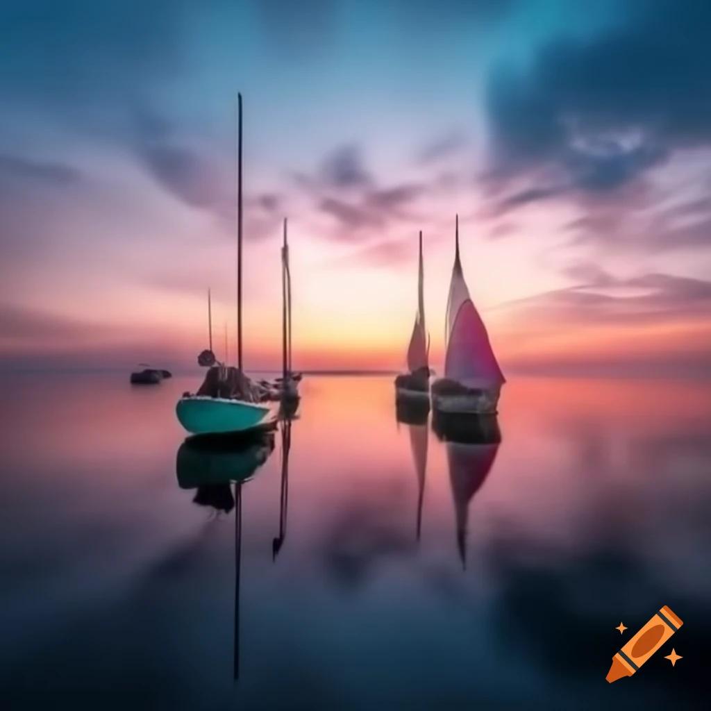 Sailboats on calm water reflecting pastel sunset hues
