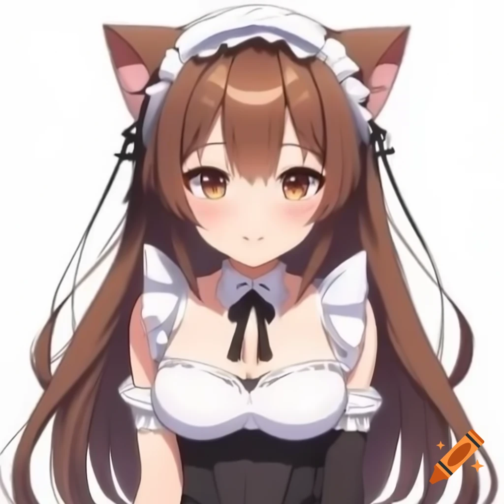 Anime girl with long brown hair in maid outfit and cat ears