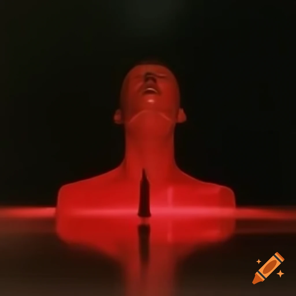 Pop surreal 2000's photography featuring a red glass statue
