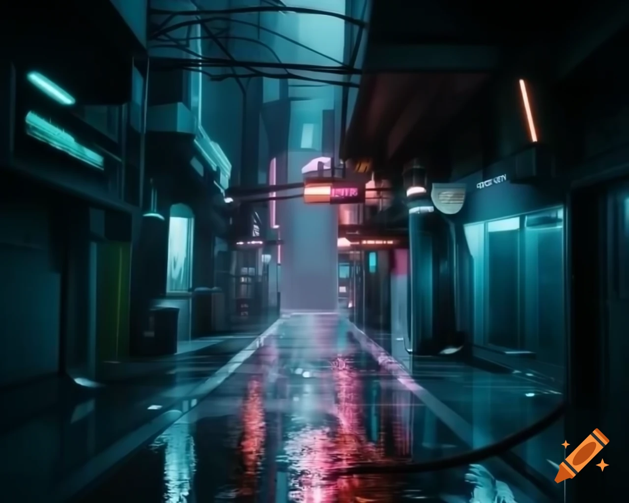 Cyberpunk alleyway with neon lights reflecting on rain-soaked surfaces