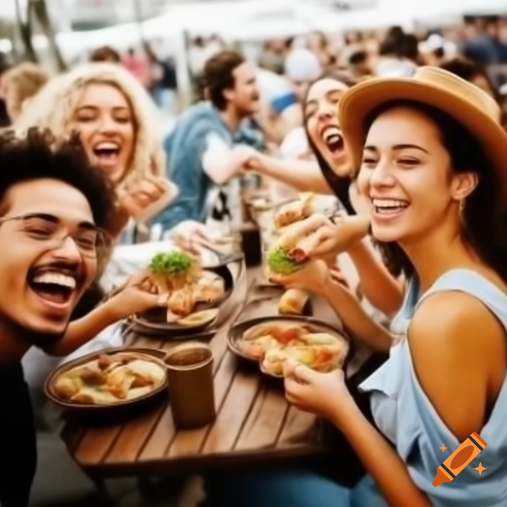 Happy Central European people enjoying food at a food fair, playfully sharing bites