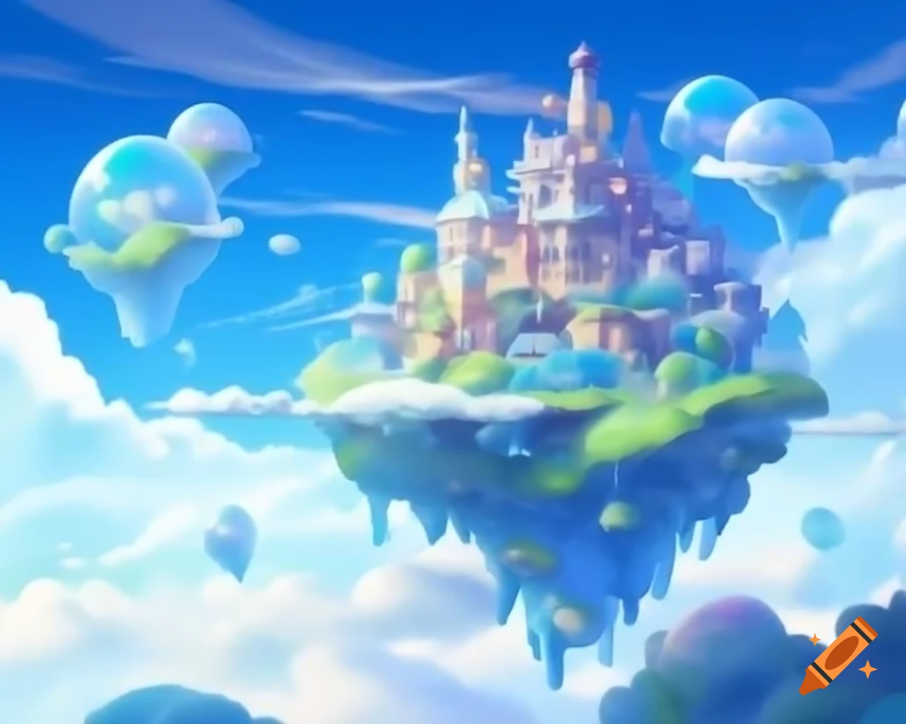 Whimsical city floating above clouds, made of sparkling iridescent bubbles