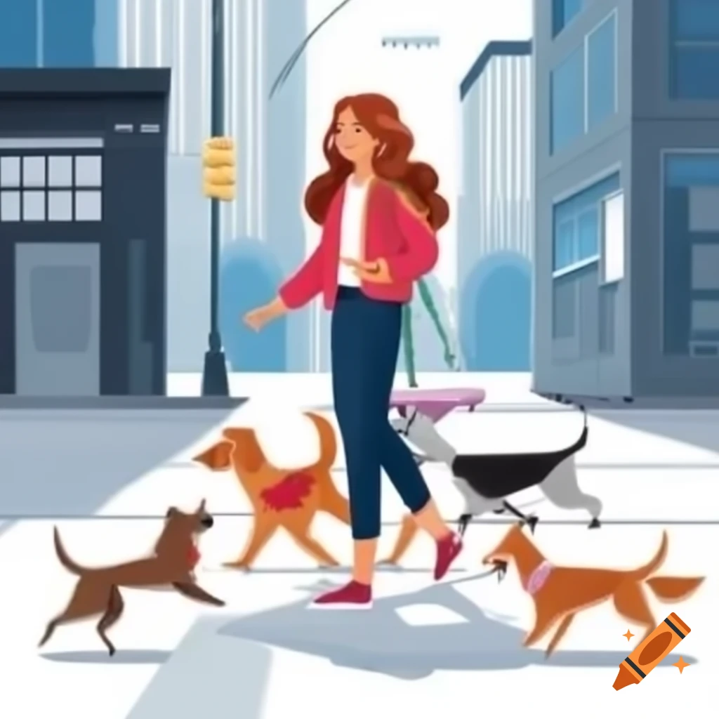 Happy woman walking multiple dogs in city