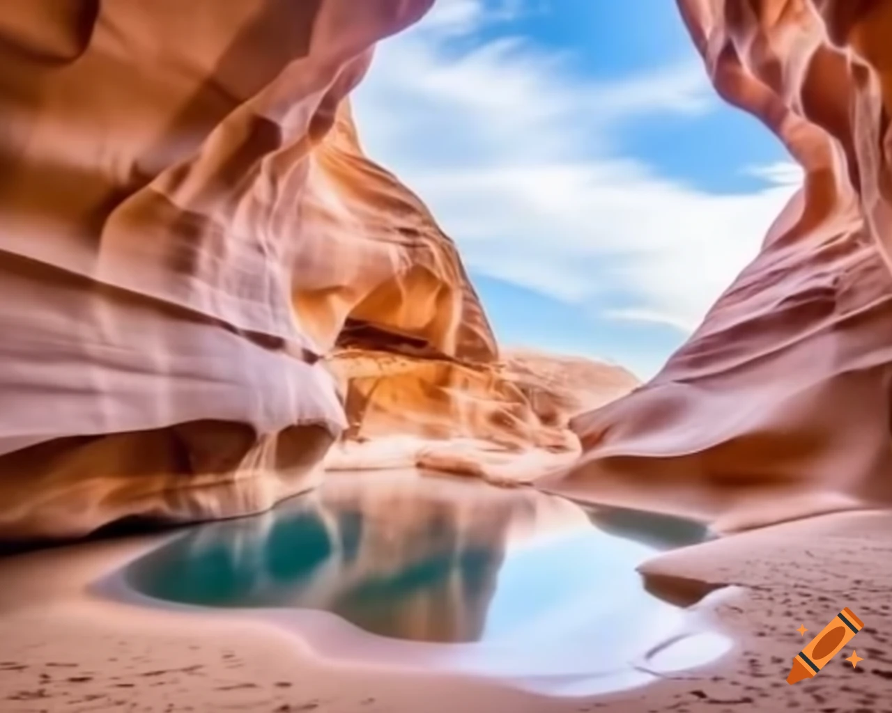 Oasis with infinity pool in canyon reflecting serene sky
