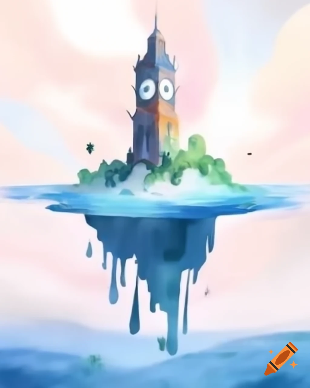 Surreal grand clock tower melting into flowing river, detailed ink and watercolor