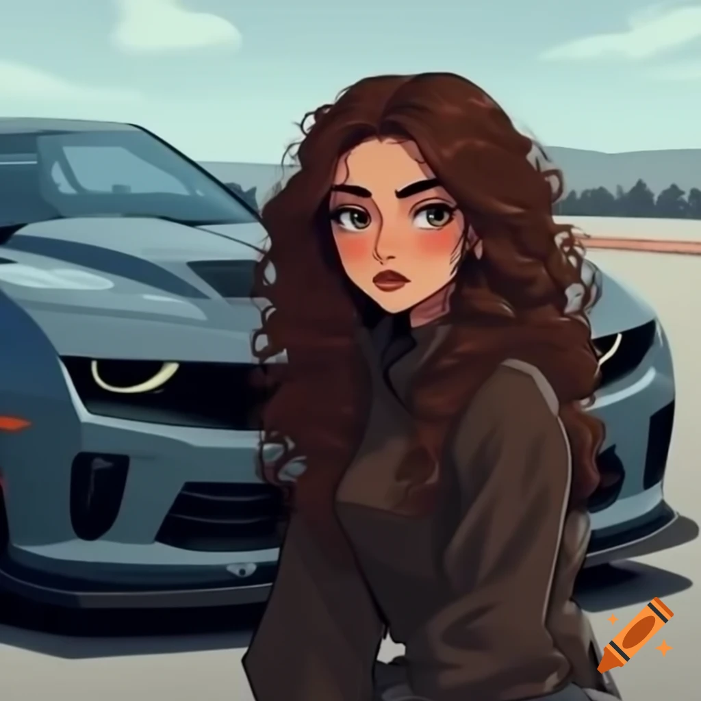 Cartoon woman with brown curly hair and gray eyes next to dark gray Camaro