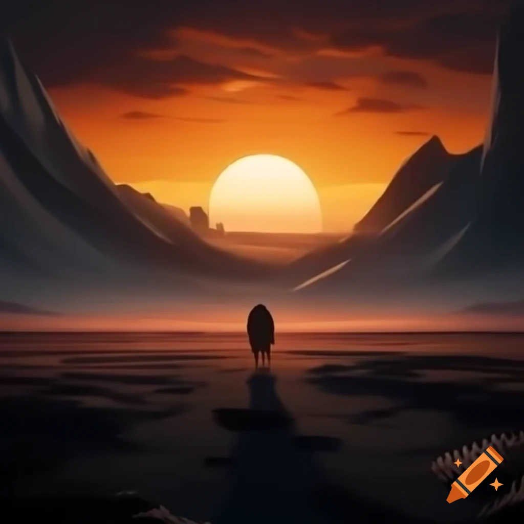 Sunset warrior emerging from arctic wasteland at dusk with golden and pink sky