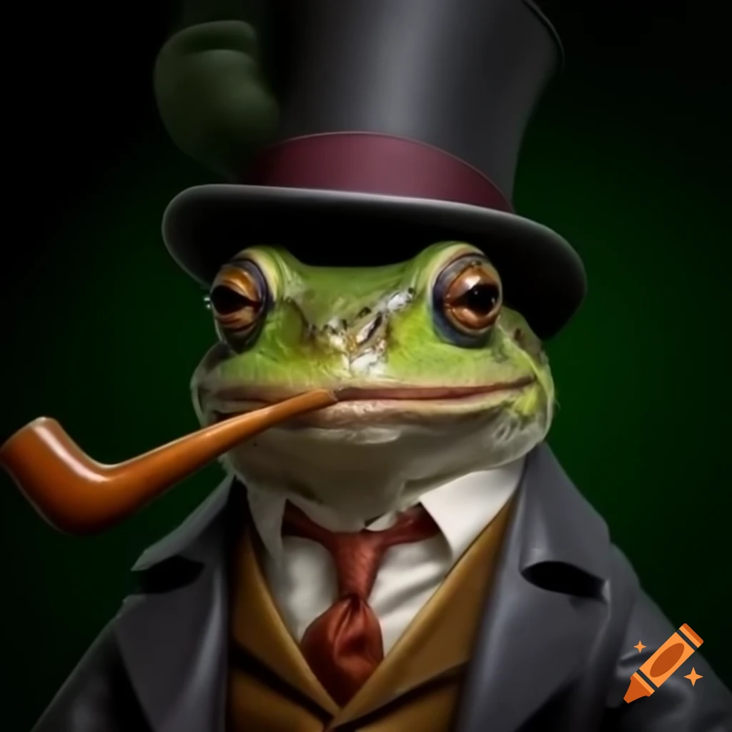 Frog dressed as a gentleman holding a curved tobacco pipe
