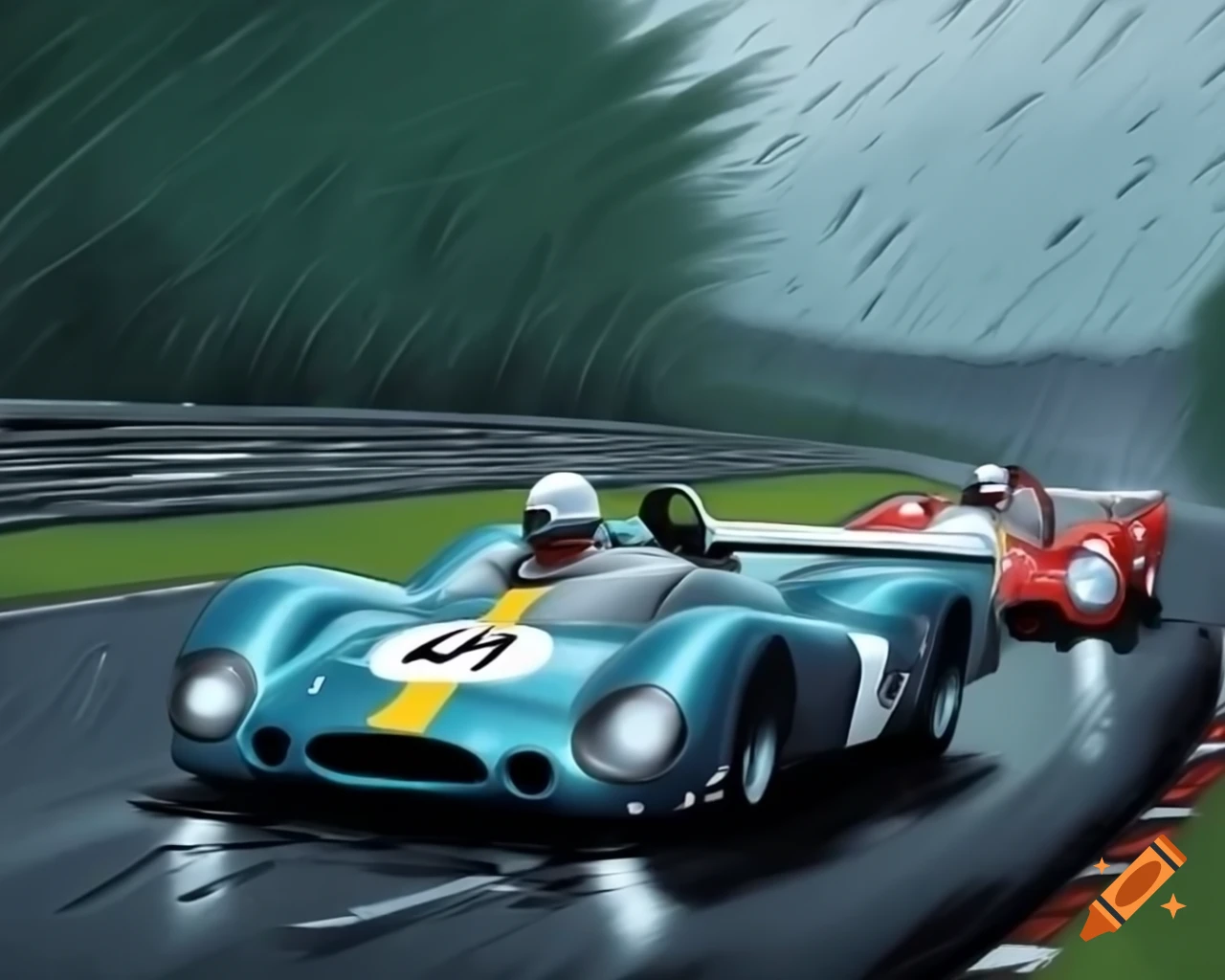 Le Mans oldtimer racing scene with cars navigating a curve in pouring rain