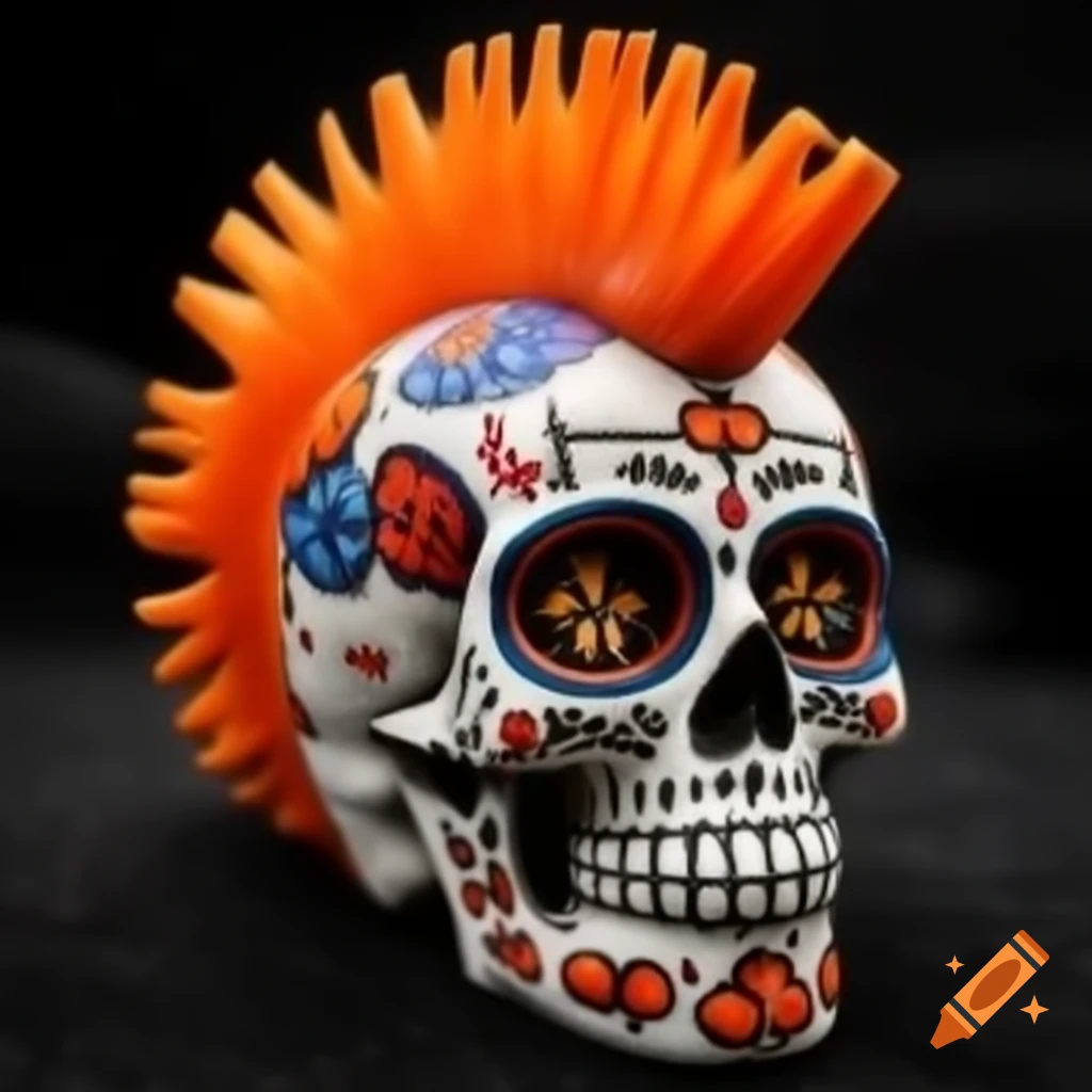 Punk rock Día de Muertos sugar skull with orange mohawk