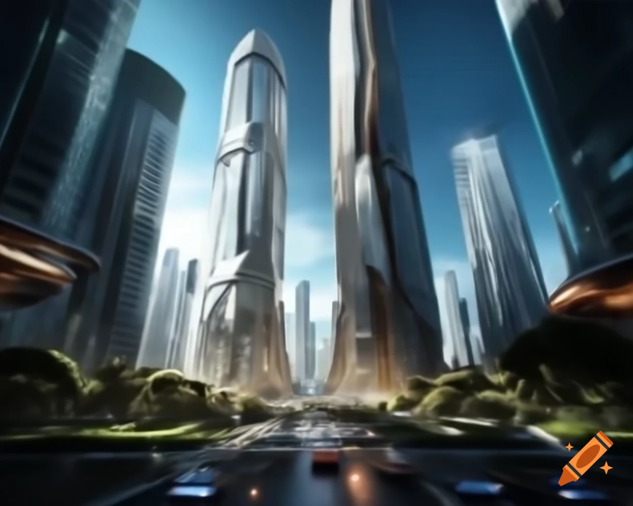 Futuristic cityscape with glass buildings, holographic ads, and flying cars