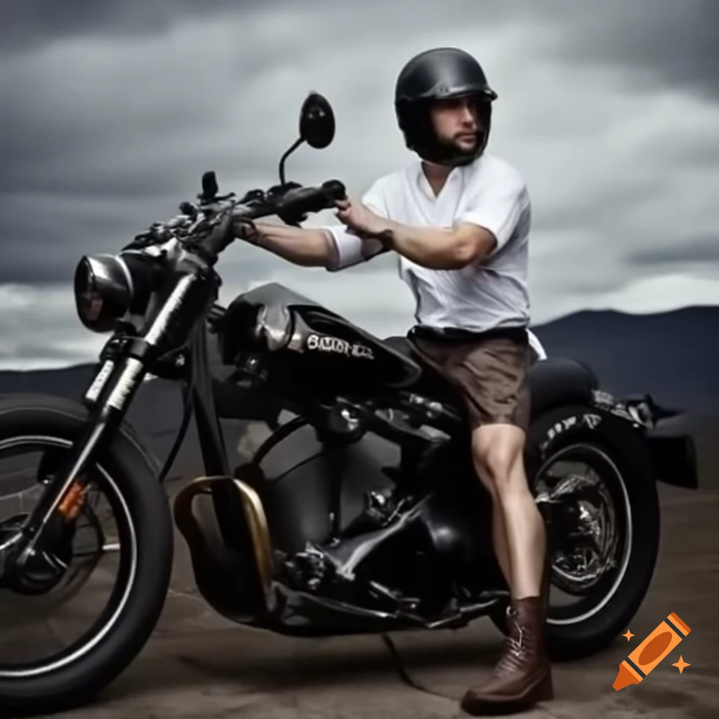 Young French-Canadian man in helmet on motorcycle in rugged outdoor setting