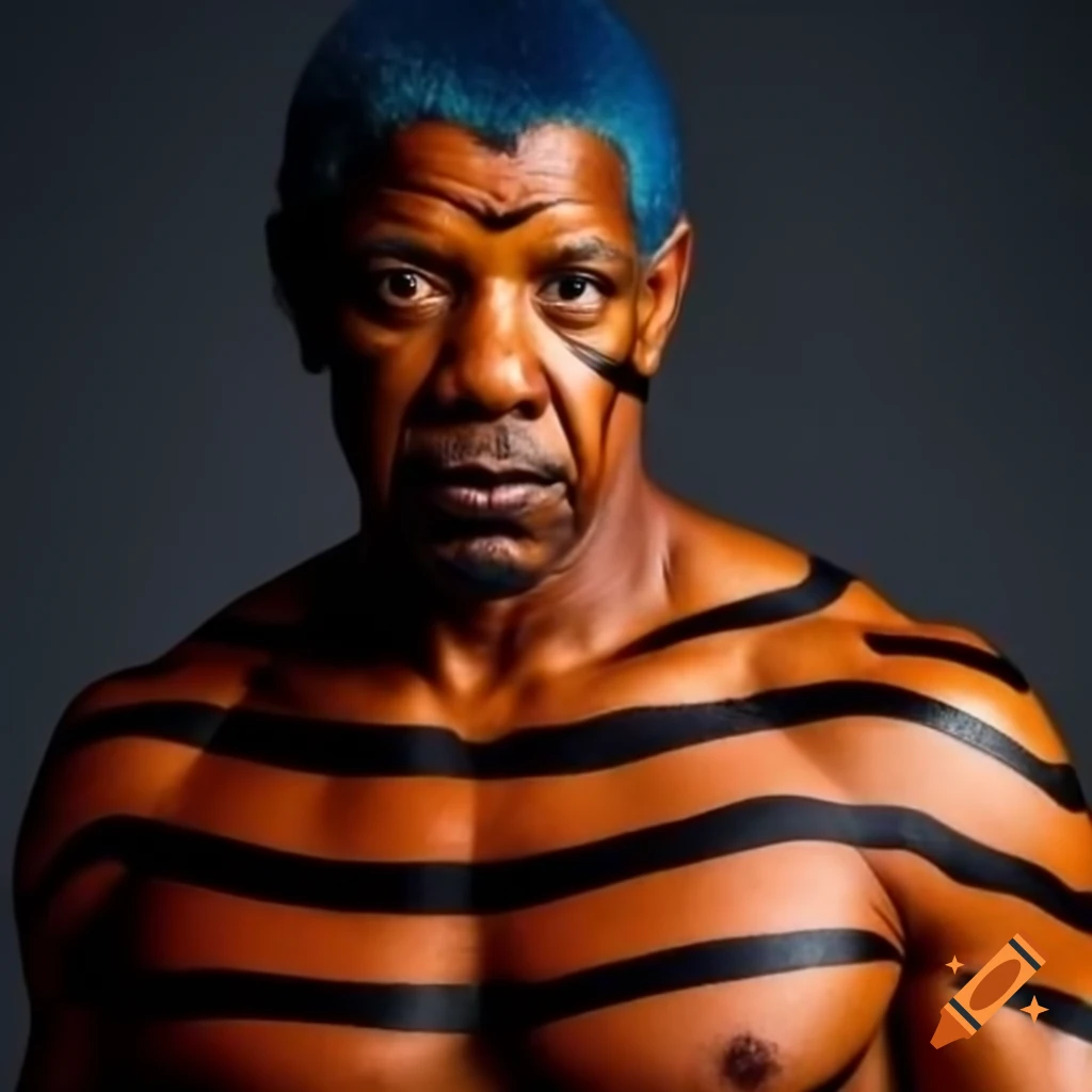 Muscular character with tiger-style makeup, blue hair and black stripes