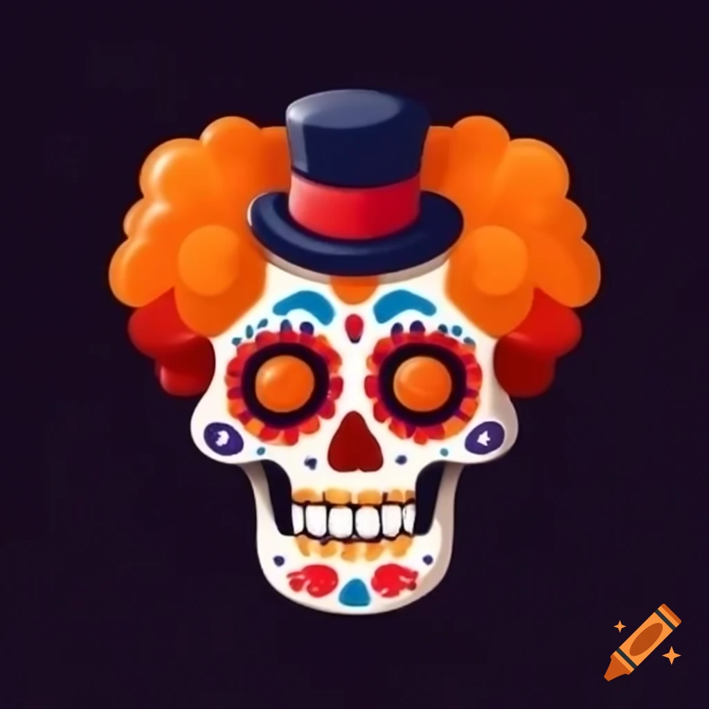 Colorful clownish Día de Muertos sugar skull with red nose and orange afro