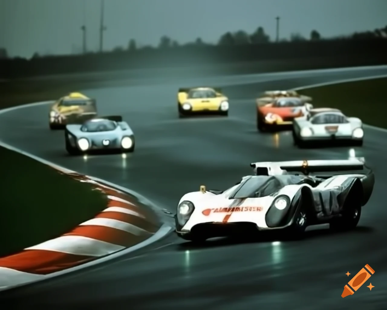 Le Mans vintage racing scene with cars navigating a curve in pouring rain, illustrated