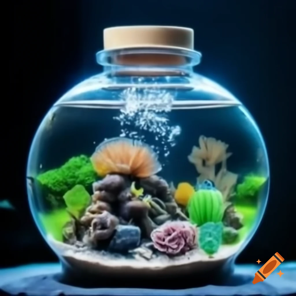 Planted aquarium tank with bubble maker and coral reef decorations