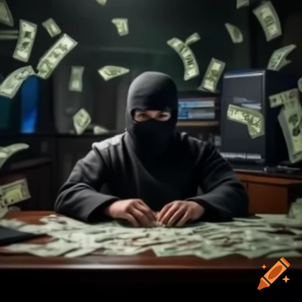 Ninja sitting at a computer desk with money on display