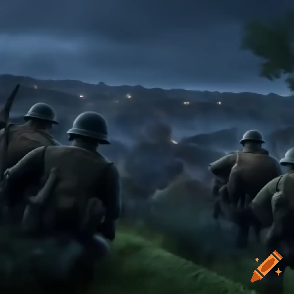 WW2 soldiers observing nighttime battle in town with burning church