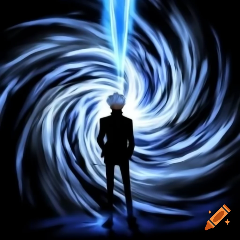 Silhouette of Satoru Gojo in energy vortex, symbolizing spiritual connection