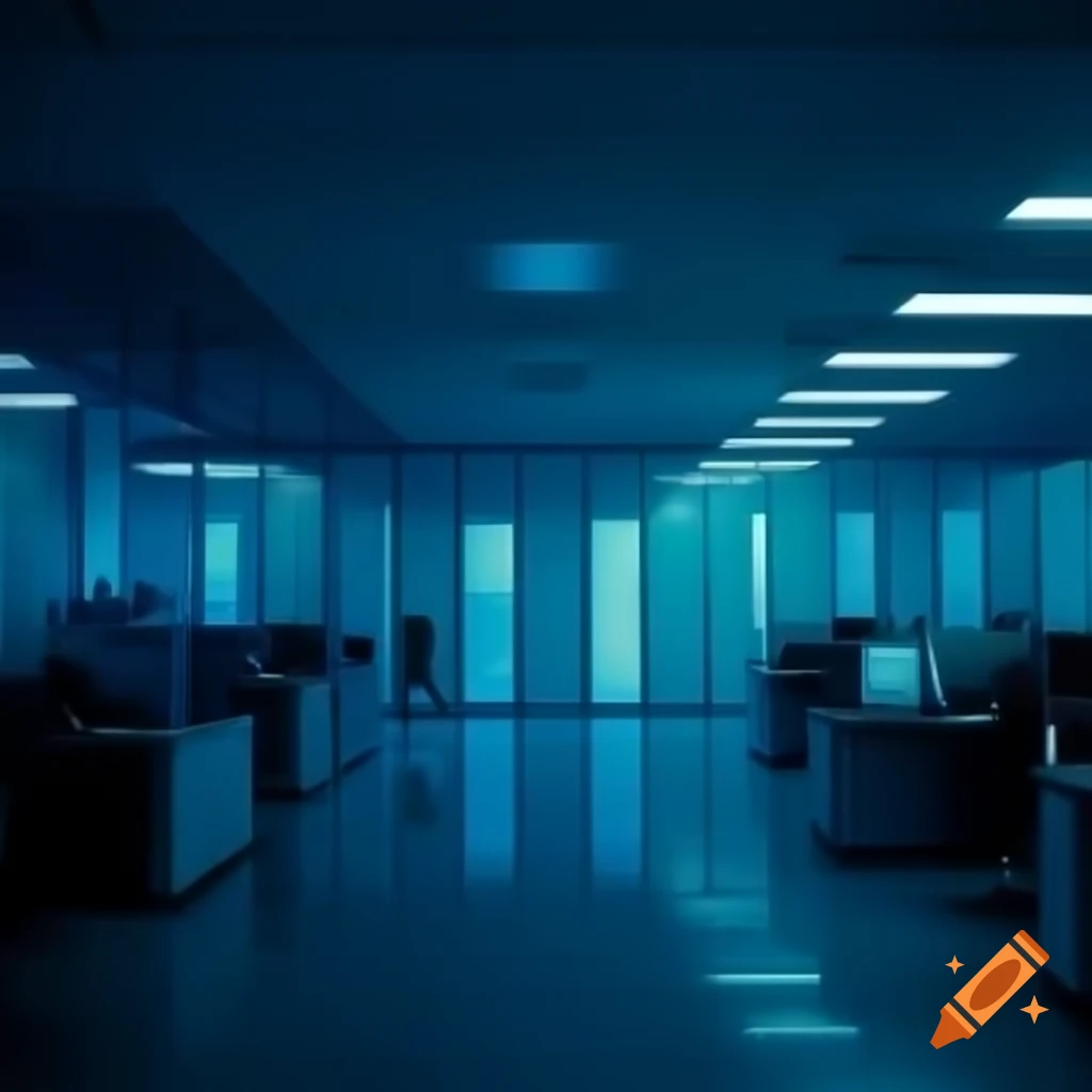 Office scene for game 'After Shift' with light blue tones and doors in the background
