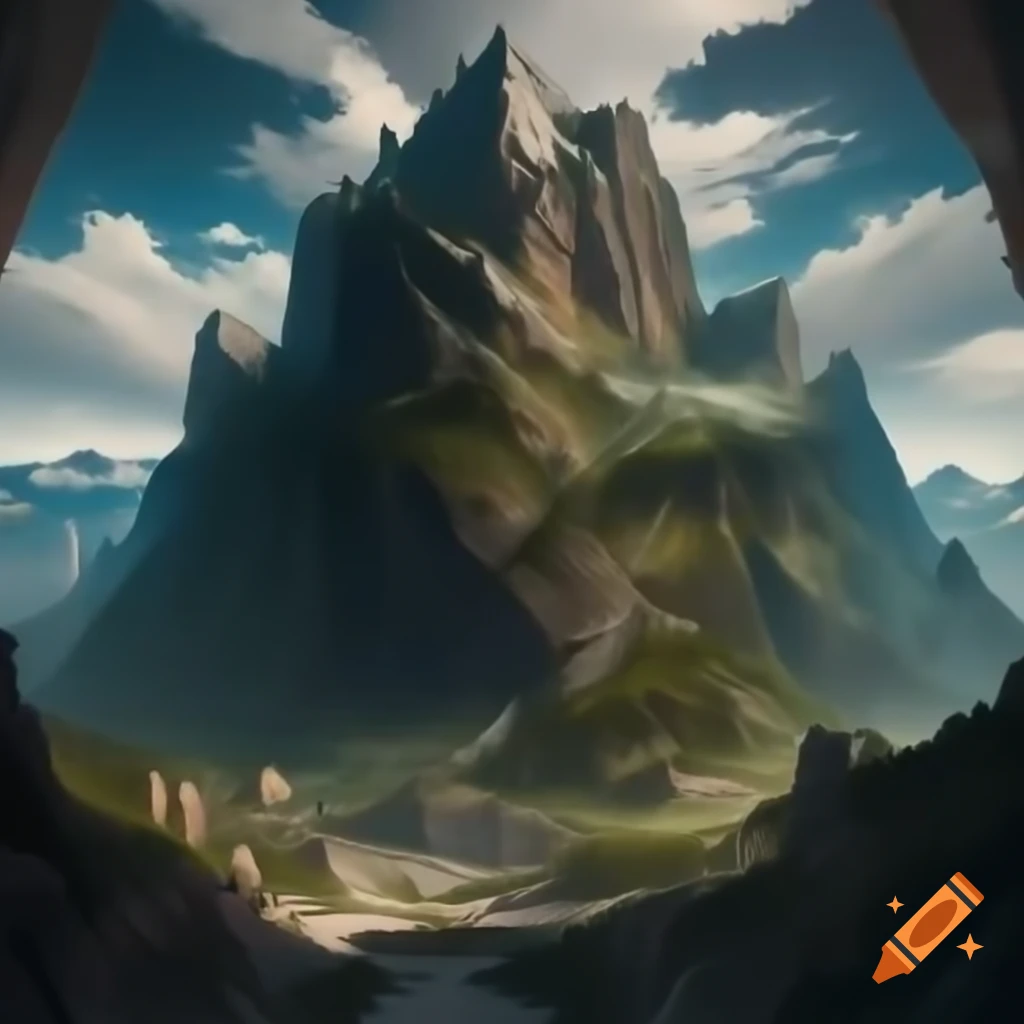 Rugged mountain with steep cliffs and plateaus featuring integrated massive castle