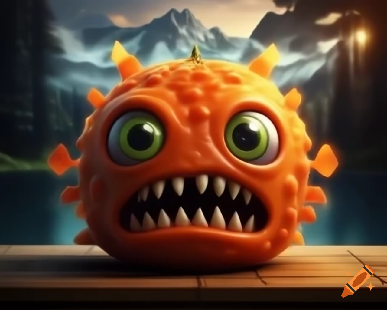 Hyper-realistic 3D orange fruit monster with human features on wooden table