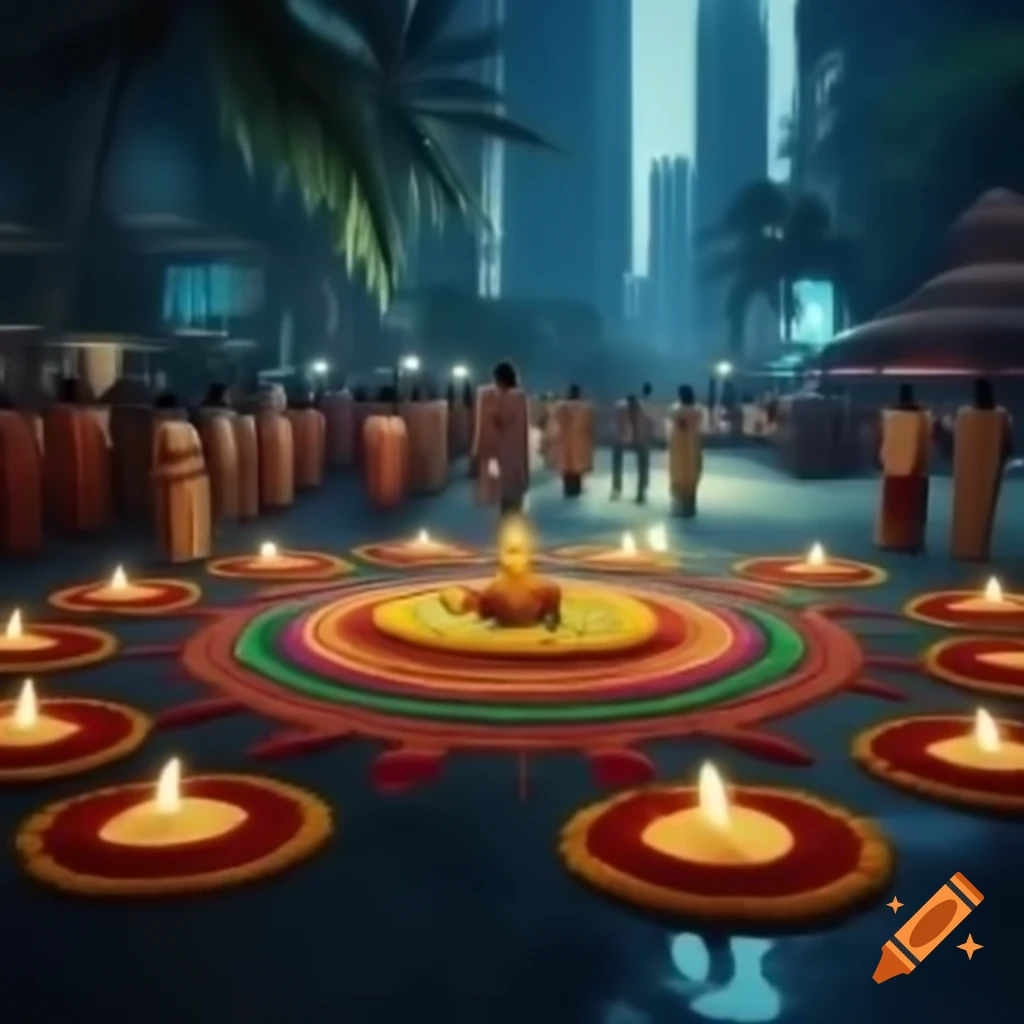 Futuristic Onam celebration blending traditional pookalam and Kerala attire with advanced technology