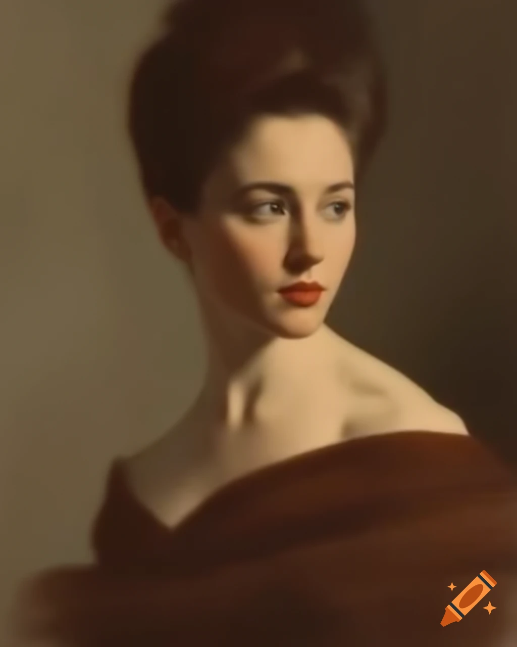 Timeless portrait of a beautiful woman with vintage floral wallpaper background