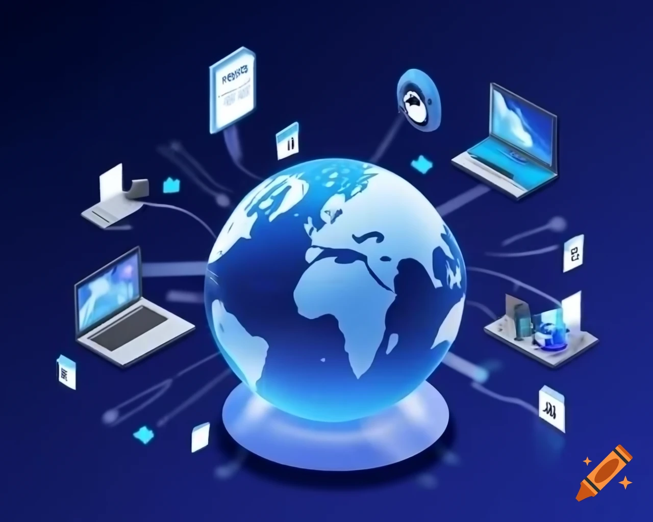 Concept of cyberspace represented by a globe interconnected with computers and devices