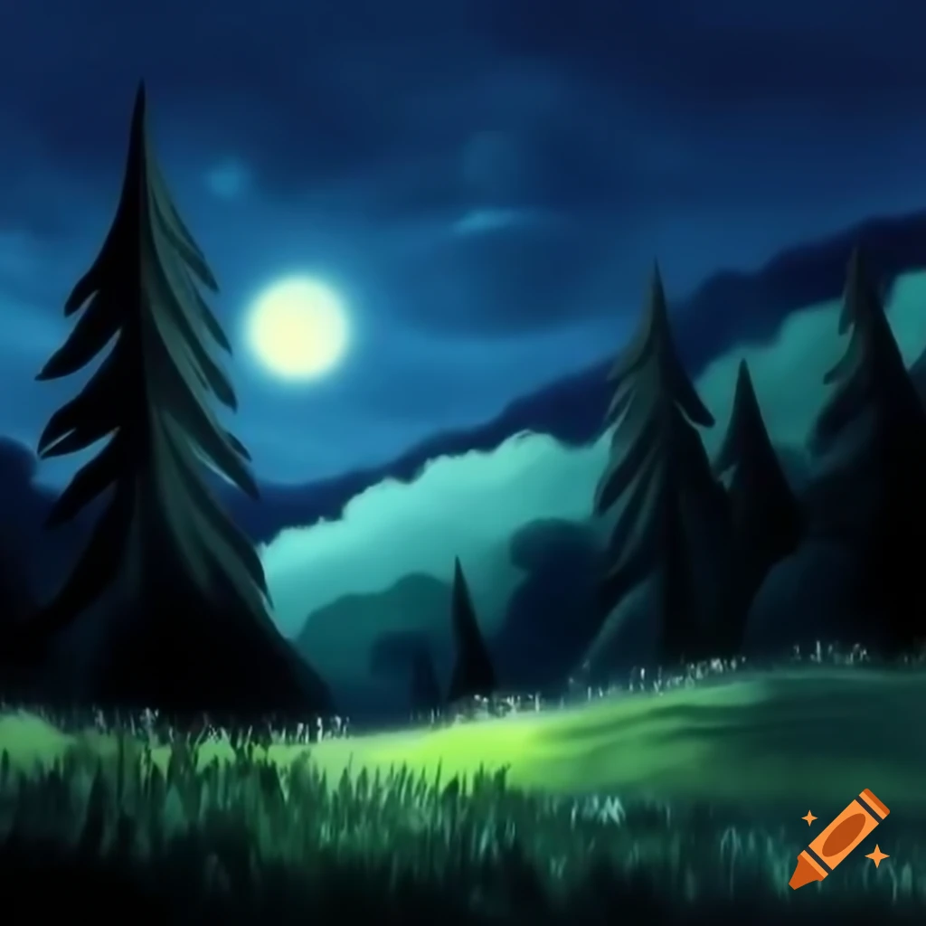 Serene night forest with tall trees and starry glow