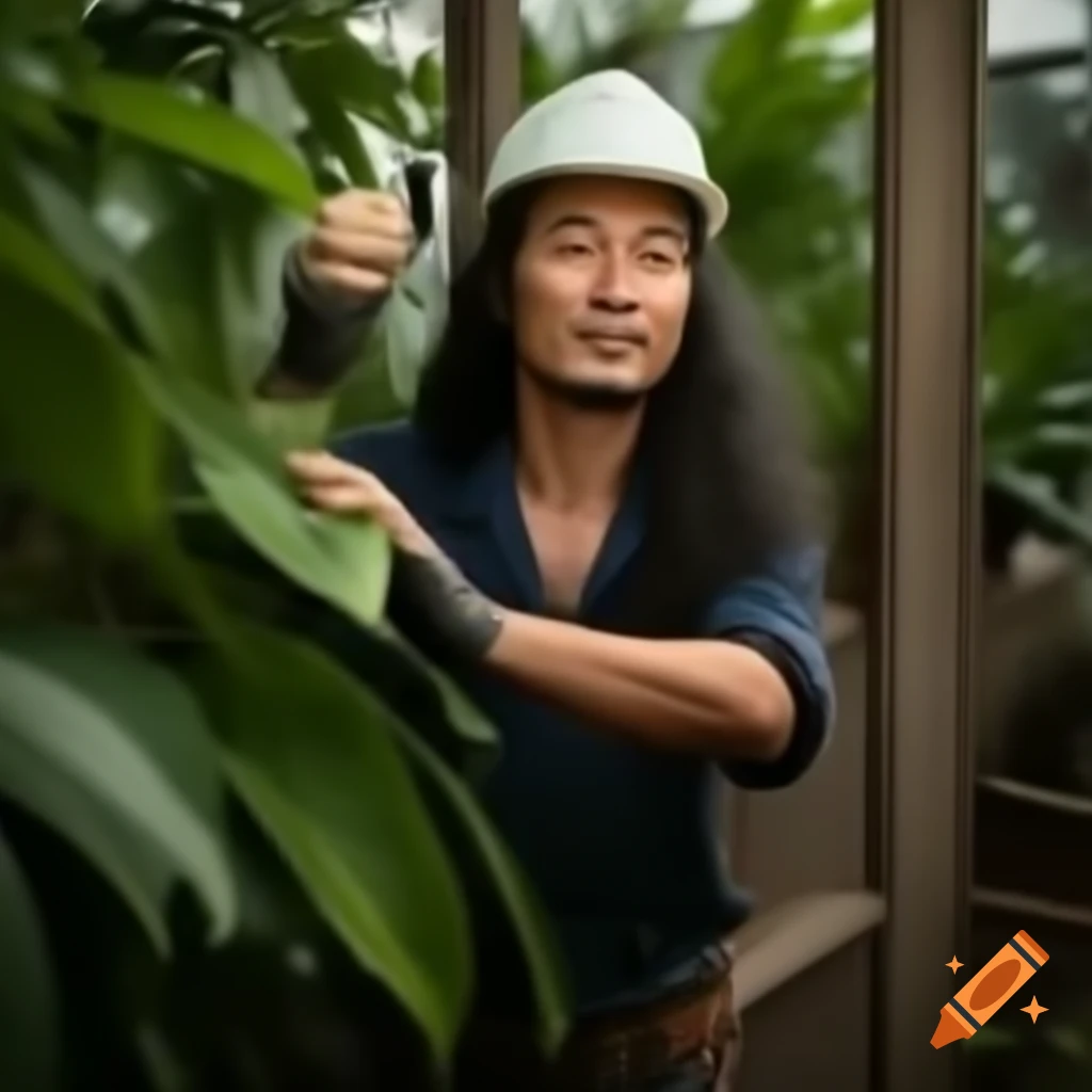 Engineer with long hair working among plants