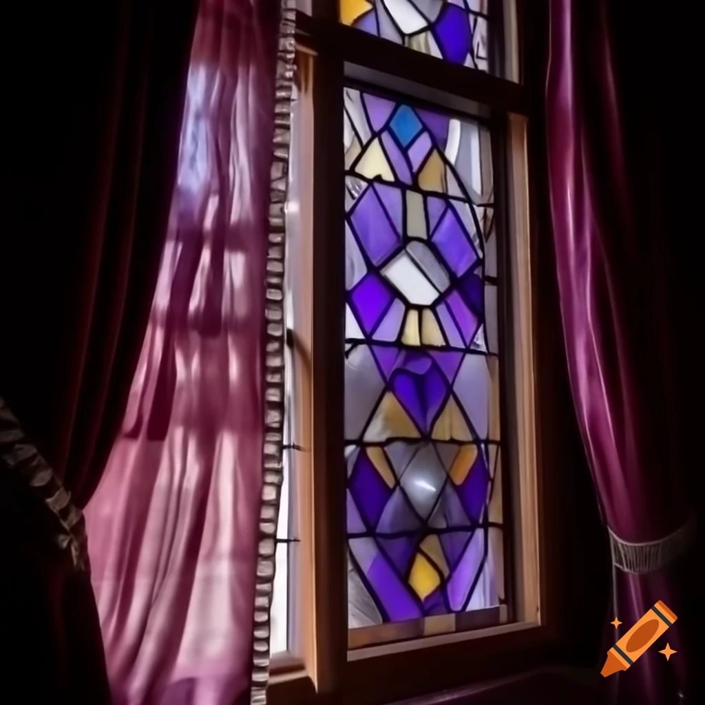 Stained glass window with deep purple curtains and soft light glow