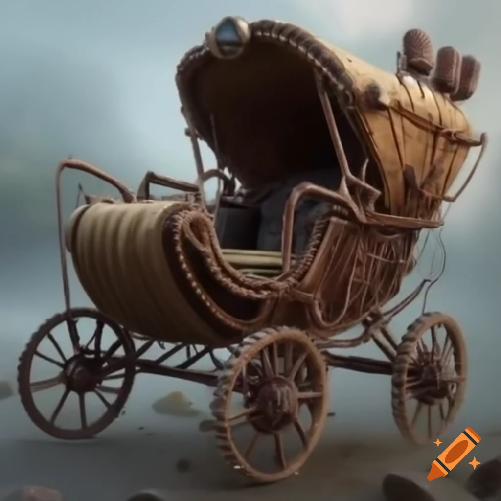Steampunk buggy crafted from branches, straw, and copper pipes