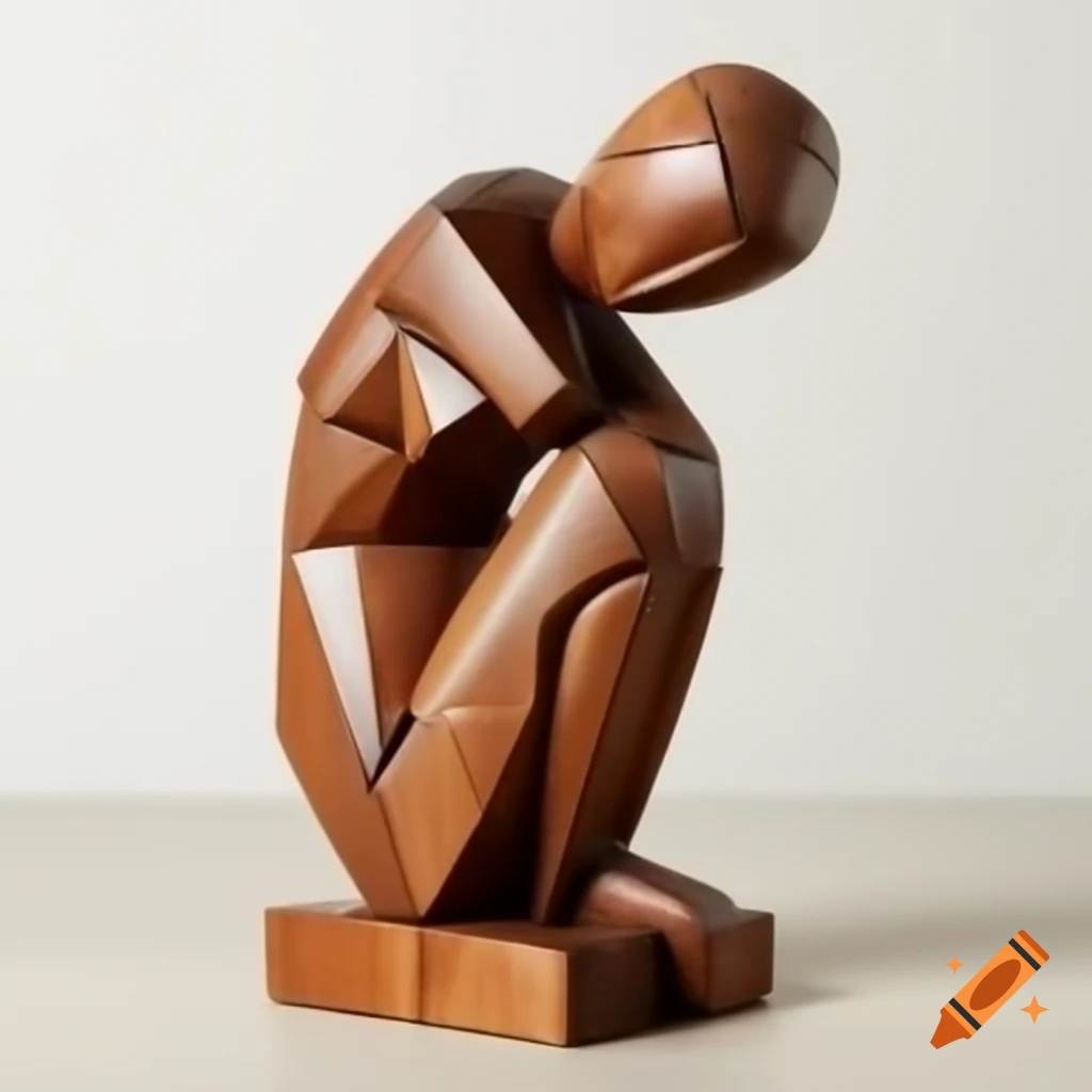 Cubist sculpture of female figure crafted from rough painted wood