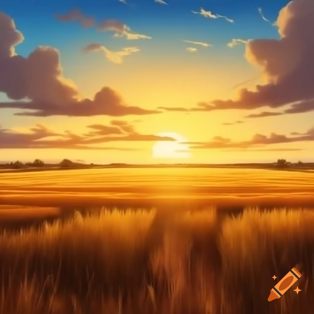 Vast wheat field during golden hour on a windy day, illustrated