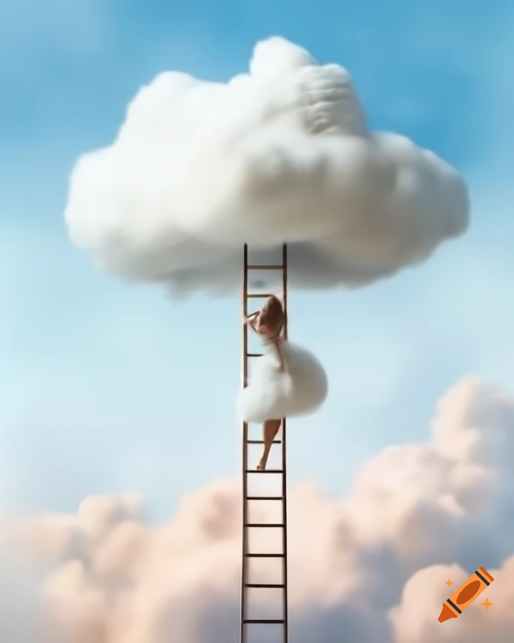 Woman in white dress climbing ladder into pastel fluffy clouds in watercolor sky
