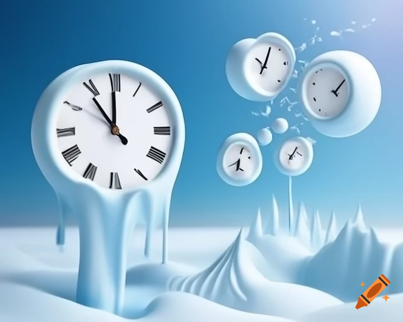 Dreamlike landscape with melting clocks and ethereal beings