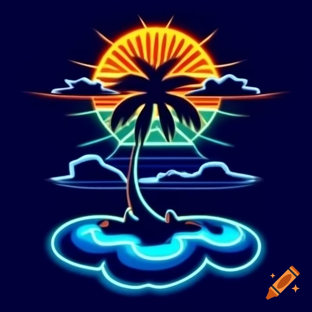 1980s neon beach scene with silhouetted palm tree and vibrant waves